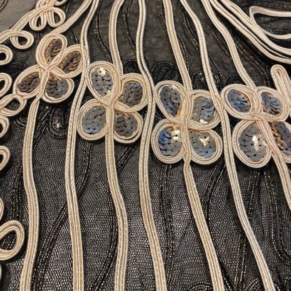 Simple Couture Women's Black Sheer Gold Sequins Decorative Ribbons Top Jacket L - Picture 3 of 9